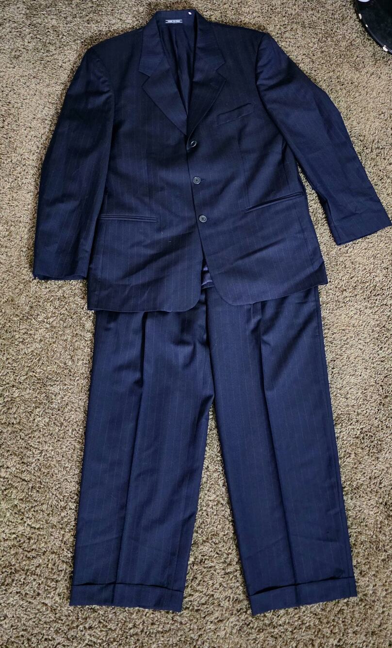 Zanetti Men's Navy Blue 2-Piece Red Pinstripe Suit Size 44 Super 100s Wool